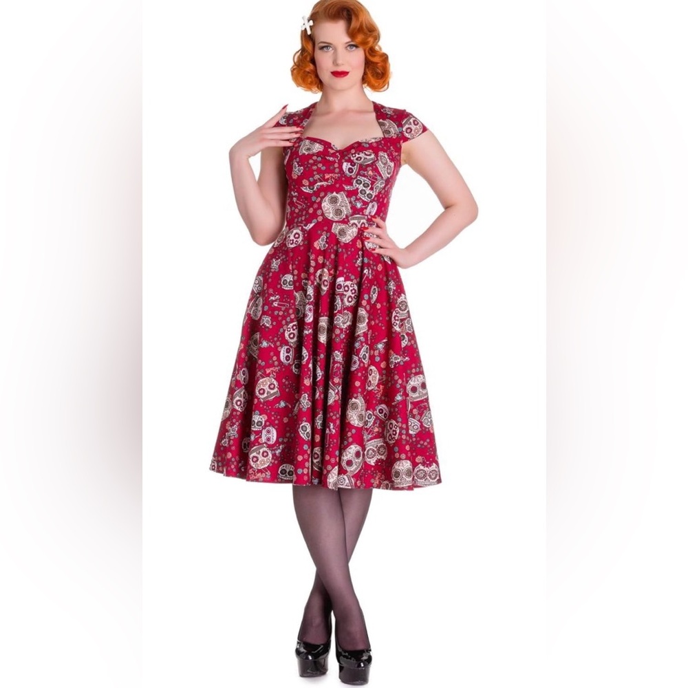 Hell Bunny Red Skull Print Fit & Flare Dress Size Large Rockabilly Gothic Pinup